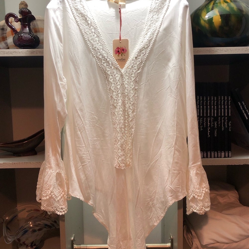 Entro White Lace Trim Button Down Shirt